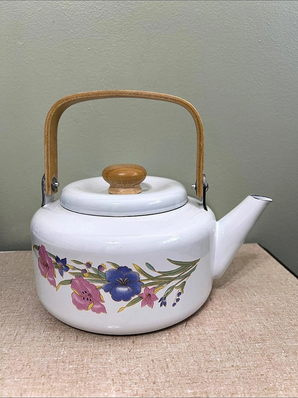 Vintage 1980s White Enamel Floral Tea Kettle with Wooden Handle